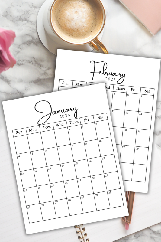 2026 Monthly Calendar - 12 Months - Size 8.5x11 (Minimalist)