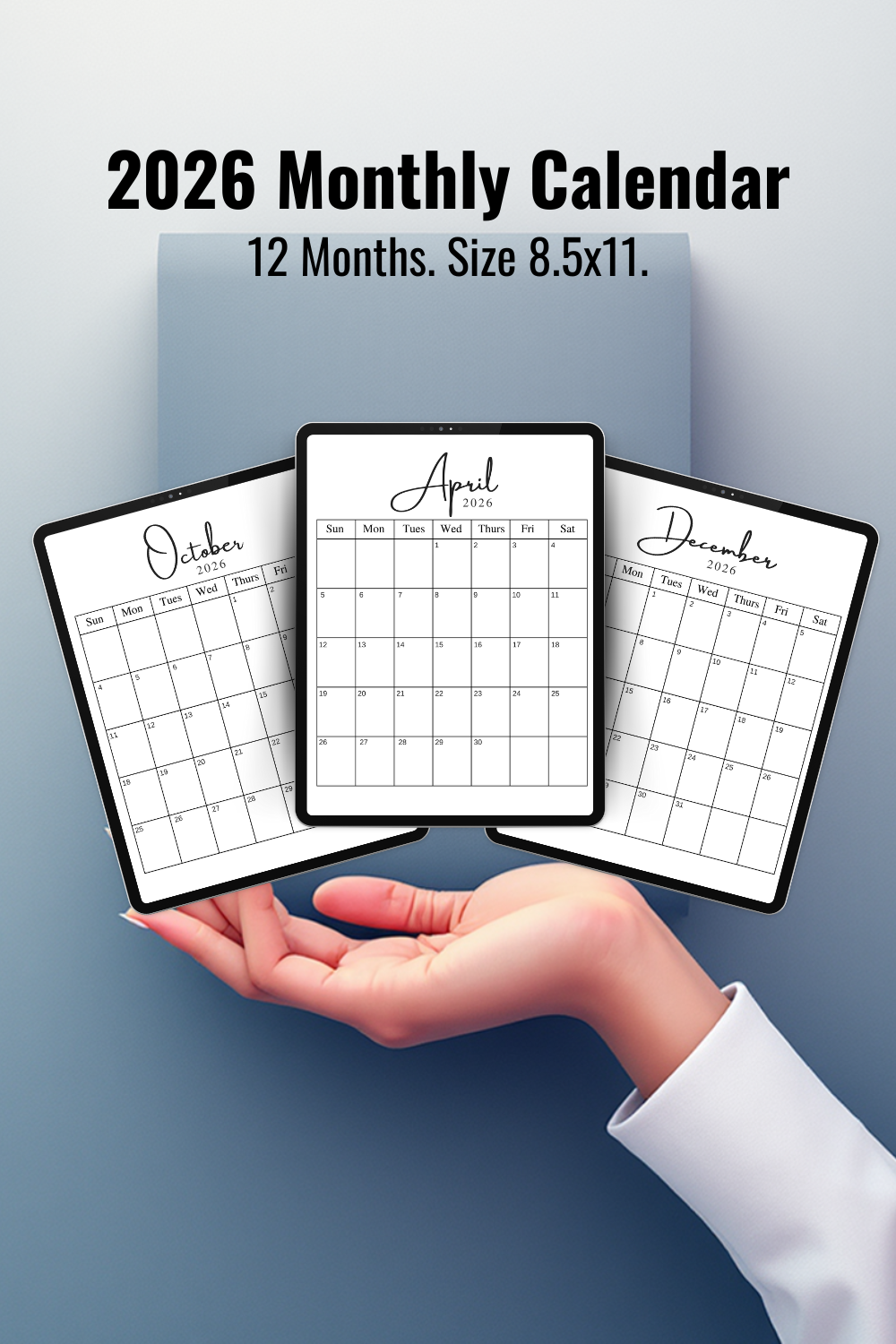 2026 Monthly Calendar - 12 Months - Size 8.5x11 (Minimalist)