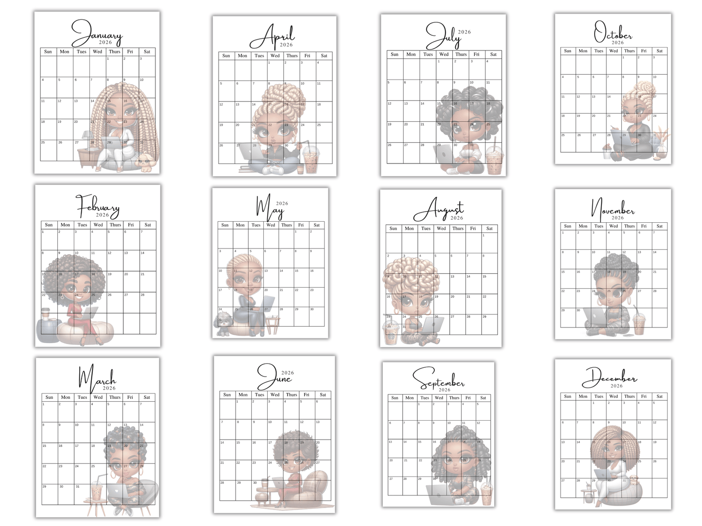 2026 Monthly Calendar, 12 Months, Black Chibi Girl, PLR/MRR