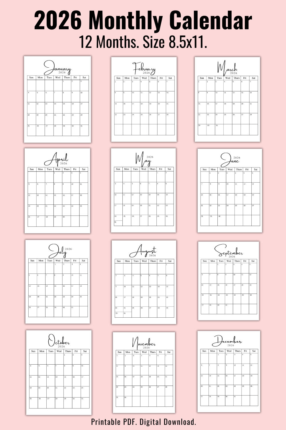 2026 Monthly Calendar - 12 Months - Size 8.5x11 (Minimalist)