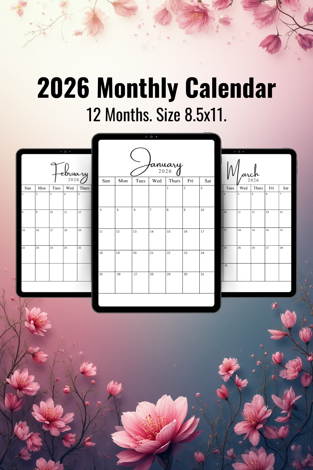 2026 Monthly Calendar - 12 Months - Size 8.5x11 (Minimalist)