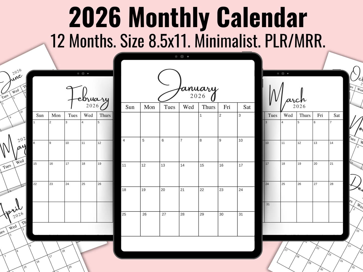 2026 Monthly Calendar, 12 Months, Size 8.5x11, PLR/MRR, (minimalist)