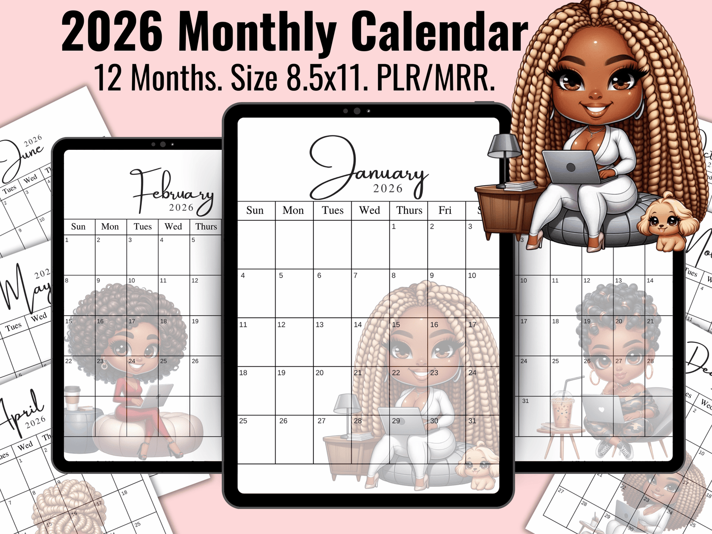 2026 Monthly Calendar, 12 Months, Black Chibi Girl, PLR/MRR