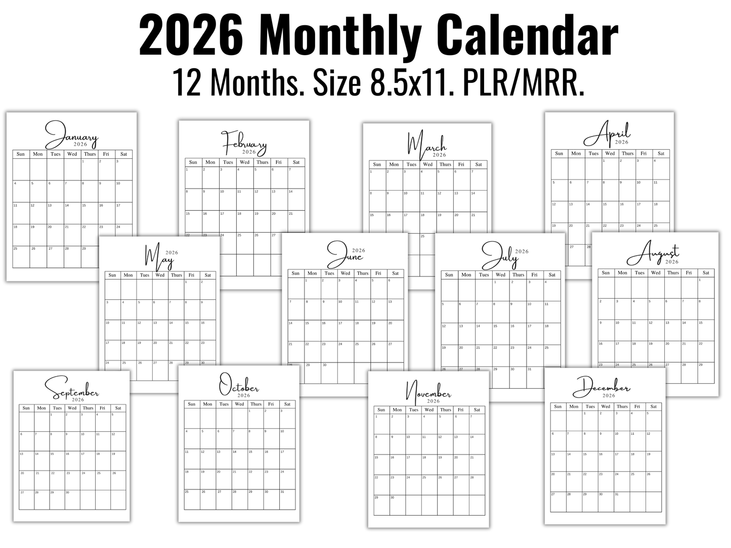 2026 Monthly Calendar, 12 Months, Size 8.5x11, PLR/MRR, (minimalist)