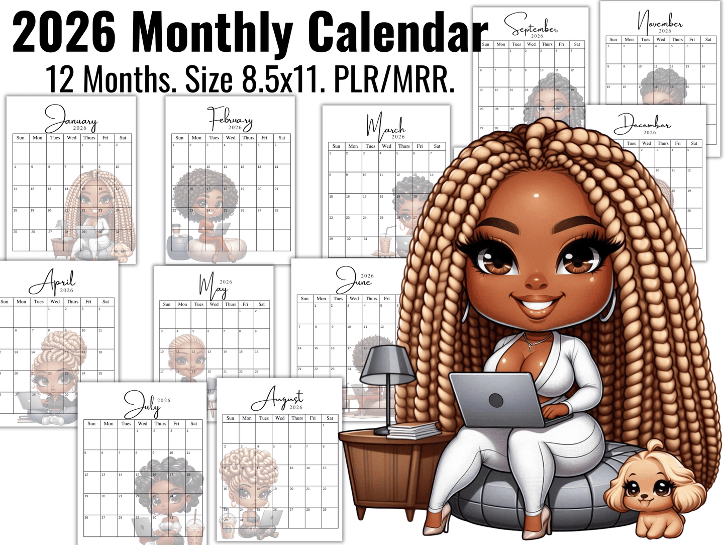2026 Monthly Calendar, 12 Months, Black Chibi Girl, PLR/MRR
