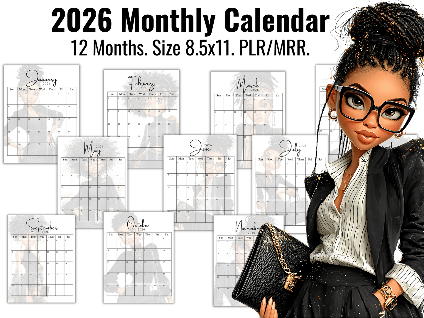 2026 Monthly Calendar, 12 Months, PLR/MRR, (pepper)